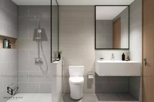 Thiết kế nội thất căn hộ 2 phòng ngủ khu vực nhà vệ sinh tiện nghi giúp cho gia chủ tiết kiệm được rất nhiều chi phí, nhà vệ sinh trong căn hộ 2 phòng ngủ hiện nay ưa chuộng với phòng tắm đứng có vách ngăn để ngăn với khu vực bồn đánh răng, điều này vừa đảm bảo sự tiện nghi vừa dễ dọn dẹp.