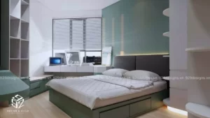 Phòng ngủ master căn hộ 2 phòng ngủ là phòng ngủ lớn nhất thường dành cho chủ nhân của căn nhà, nội thất trong phòng ngủ master sẽ được chú trọng đảm bảo tính tiện nghi, vừa thể hiện được phong cách của gia chủ.