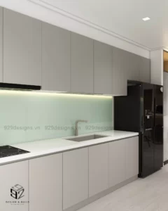 Thiết kế nội thất căn hộ 2 phòng ngủ khu vực phòng bếp sao cho tận dụng hết công năng của nội thất là điều được quan tâm vì phòng bếp là nơi ăn uống sum họp, là nơi “giữ lửa” cho gia đình; không gian bếp sẽ được thiết kế sao cho hợp lí đặc biệt là tủ bếp